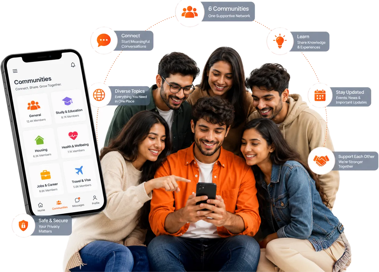 A group of friends around one phone, exploring FirstGen communities together