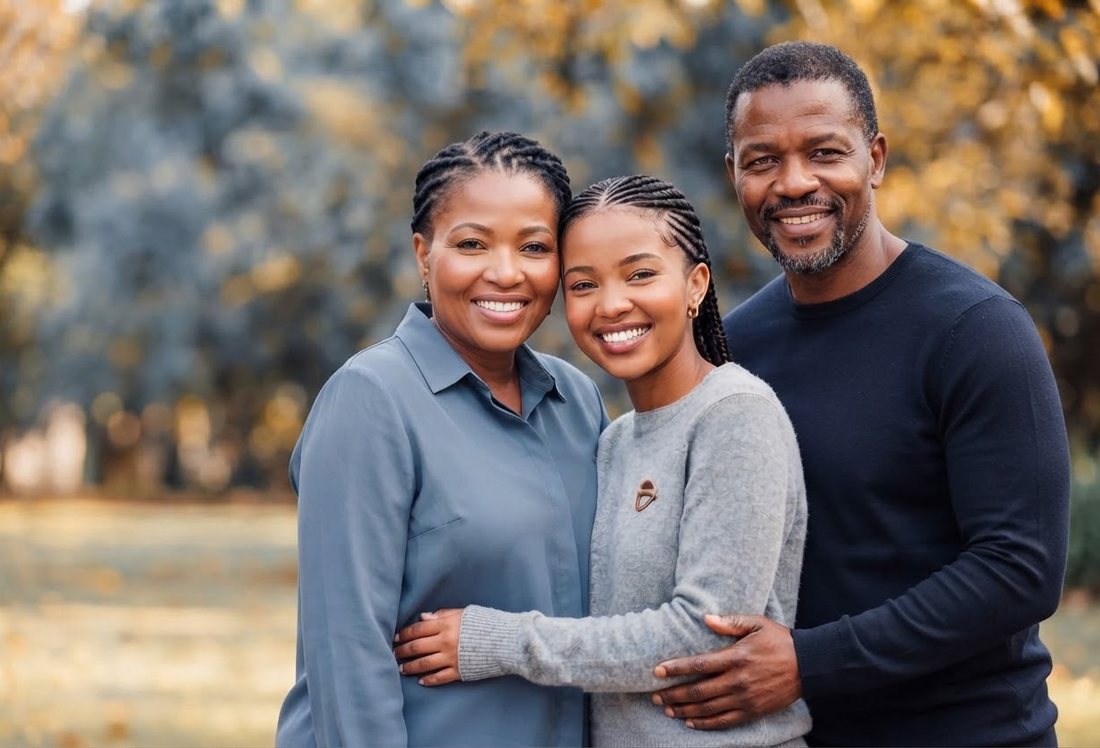 A family portrait of a mother, daughter and father together outdoors in autumn