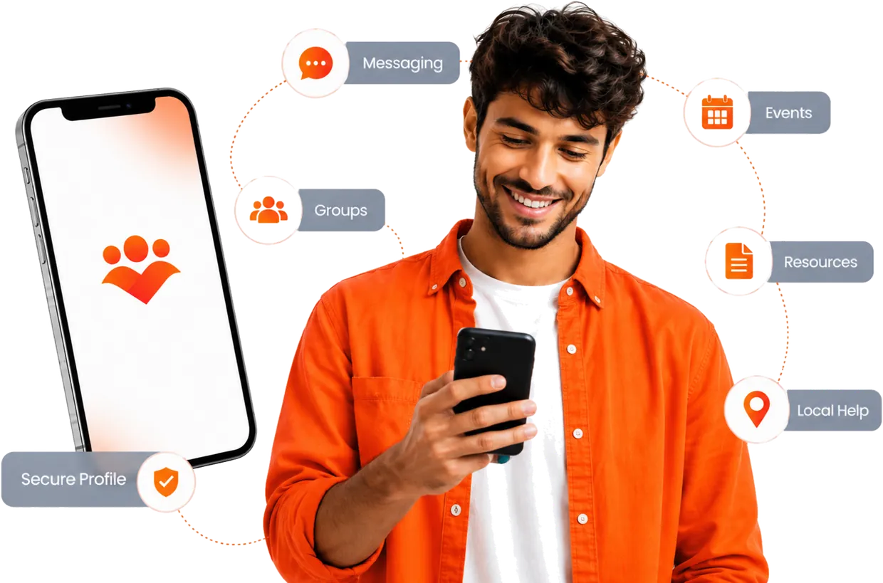 A man browsing FirstGen on his phone, surrounded by messaging, groups, events, resources and local help features