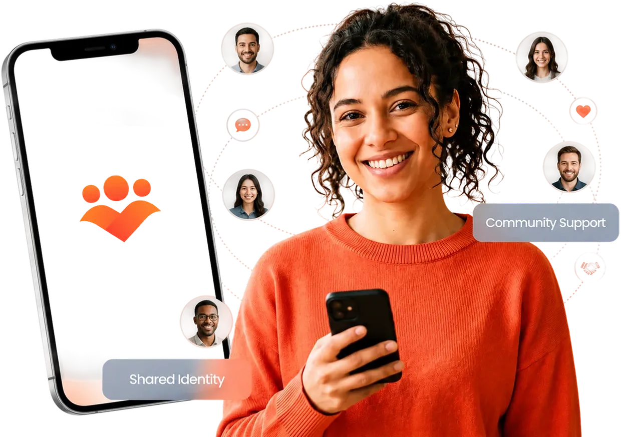 A smiling woman holding a phone, surrounded by community member avatars and the FirstGen app