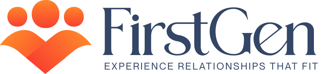 FirstGen logo, three figures above a heart, with the tagline Experience relationships that fit